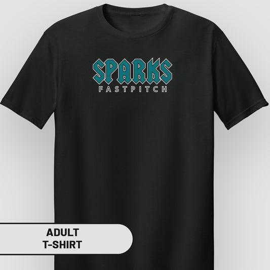 Black adult t-shirt with "SPARKS FASTPITCH" in teal lettering.