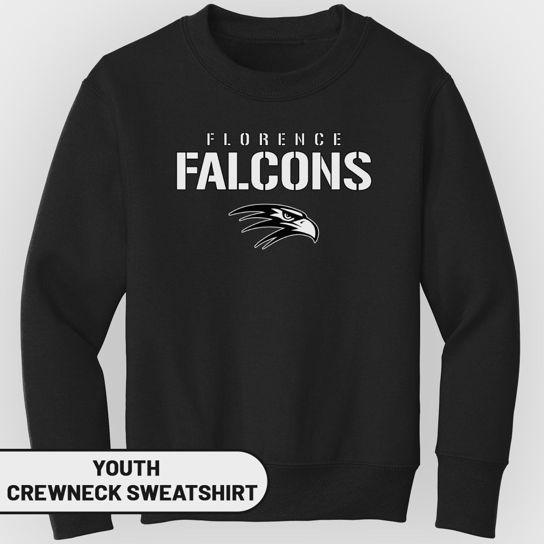 Black youth crewneck sweatshirt with Florence Falcons logo and text.