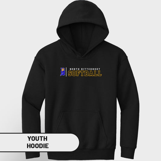 Black youth hoodie with "North Bitterroot Softball" logo on chest.