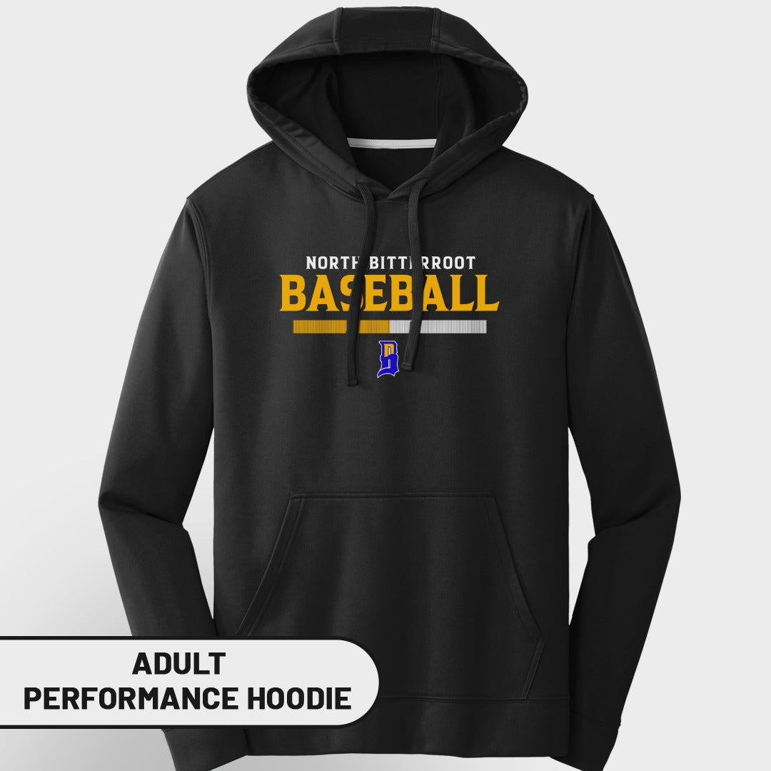 Black adult performance hoodie with "North B----------------rroot Baseball" text.