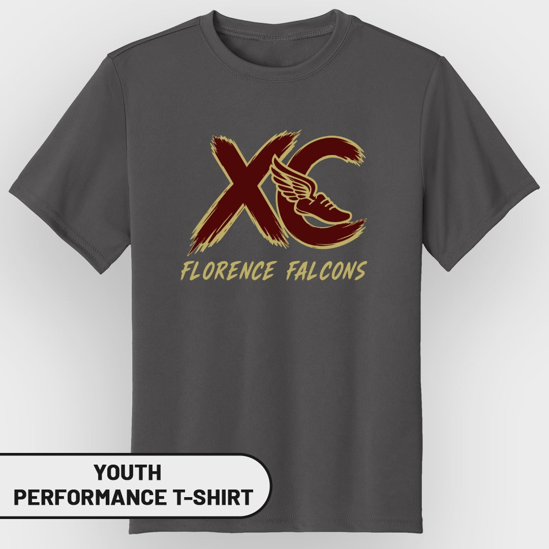 Dark grey youth t-shirt with "XC Florence Falcons" logo and winged running shoe.