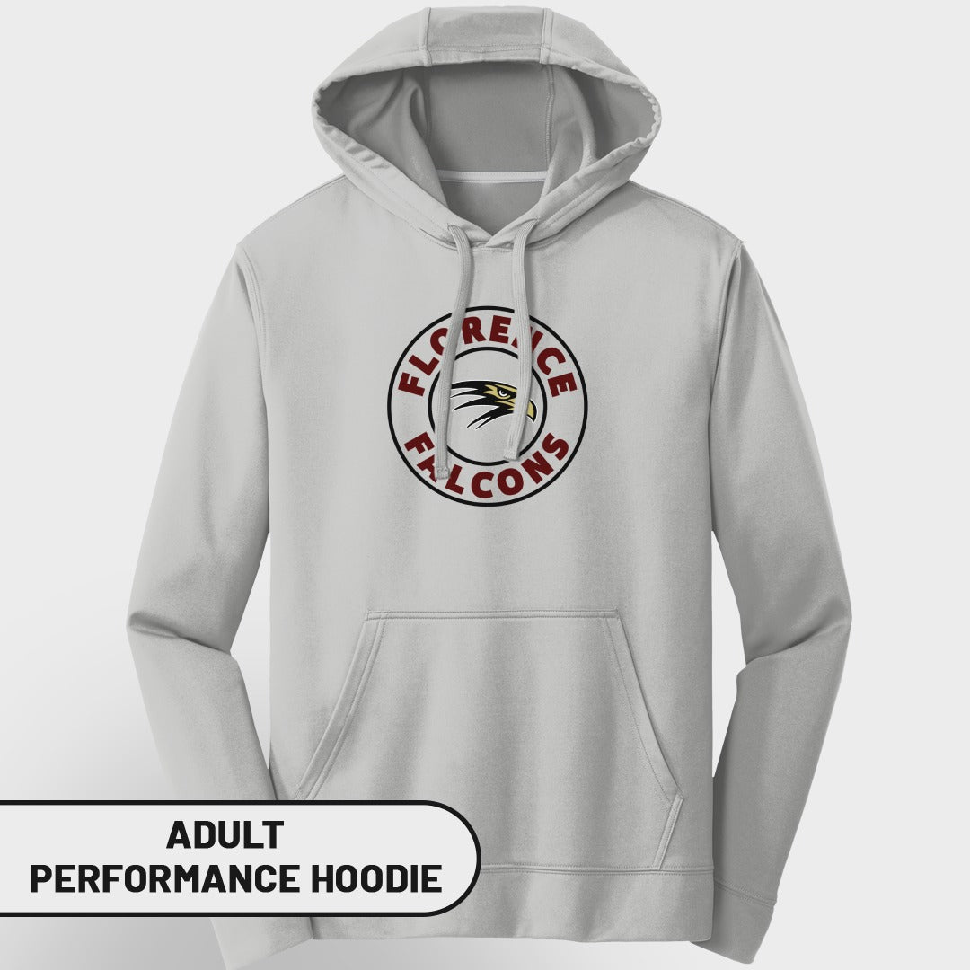 Light gray adult performance hoodie with a circular "Florence Falcons" logo featuring a hawk.