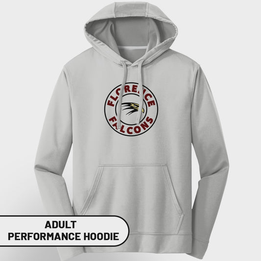 Light gray adult performance hoodie with a circular "Florence Falcons" logo featuring a hawk.