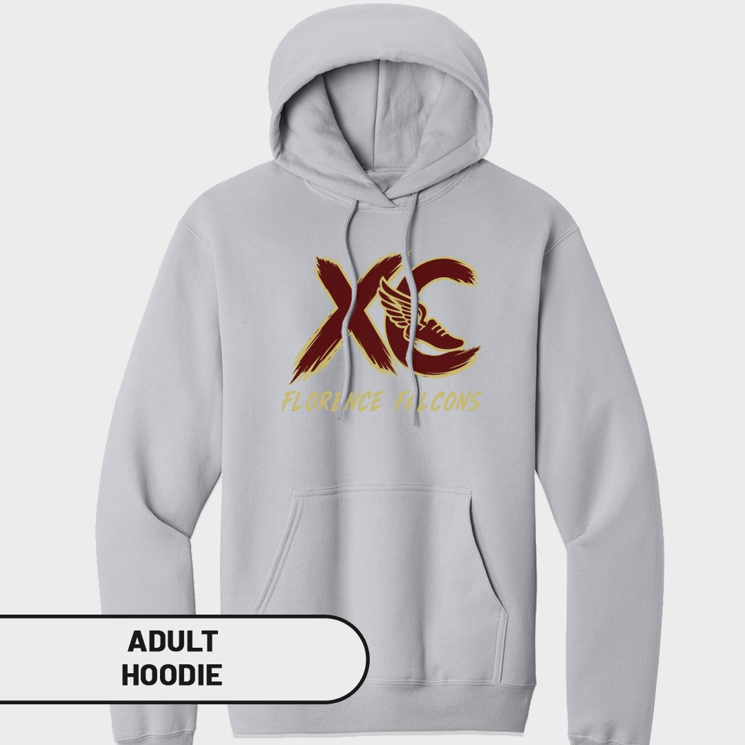 Light grey adult hoodie with maroon "XC" logo and "Florence Falcons" text.