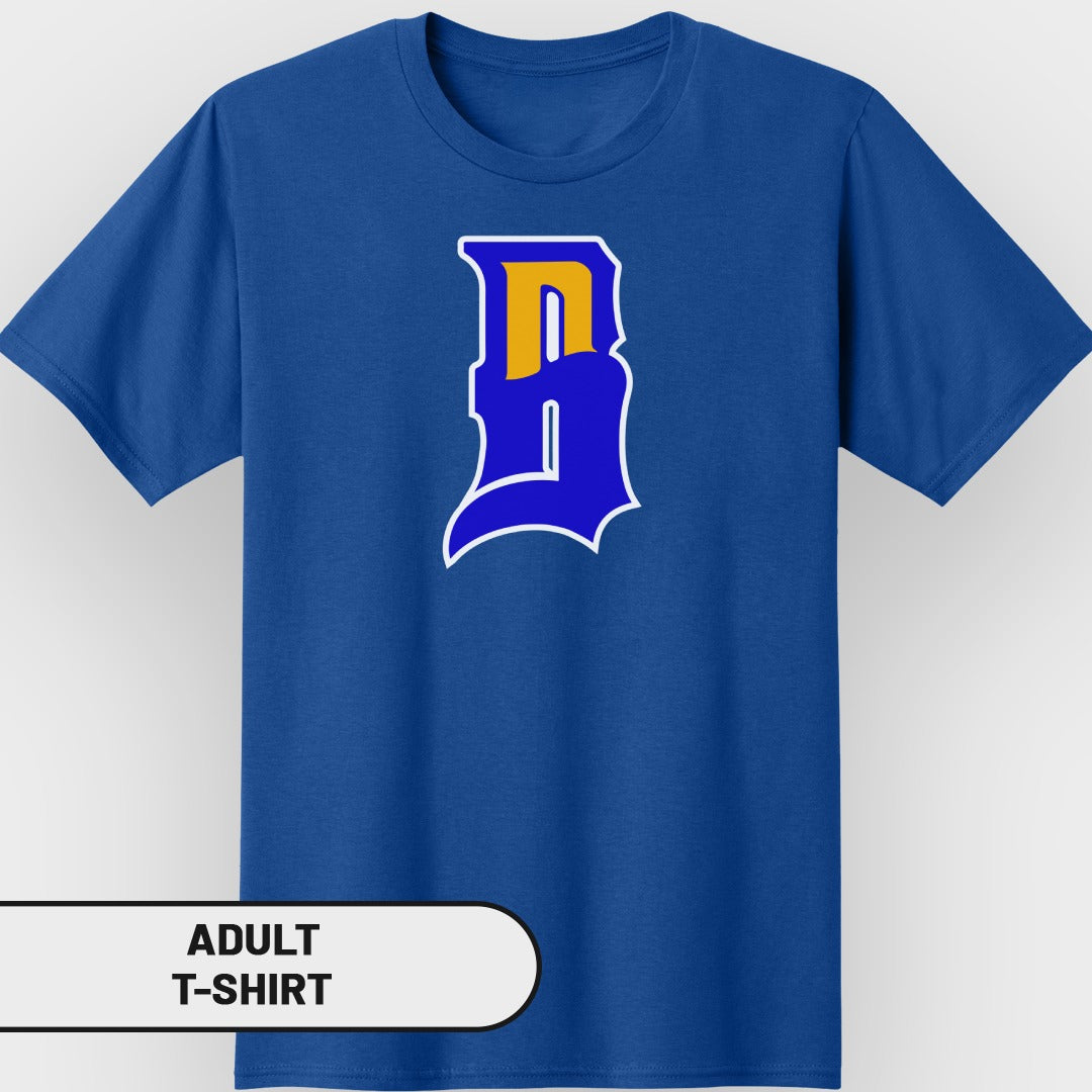 Blue adult t-shirt with a stylized yellow and blue "B" logo.