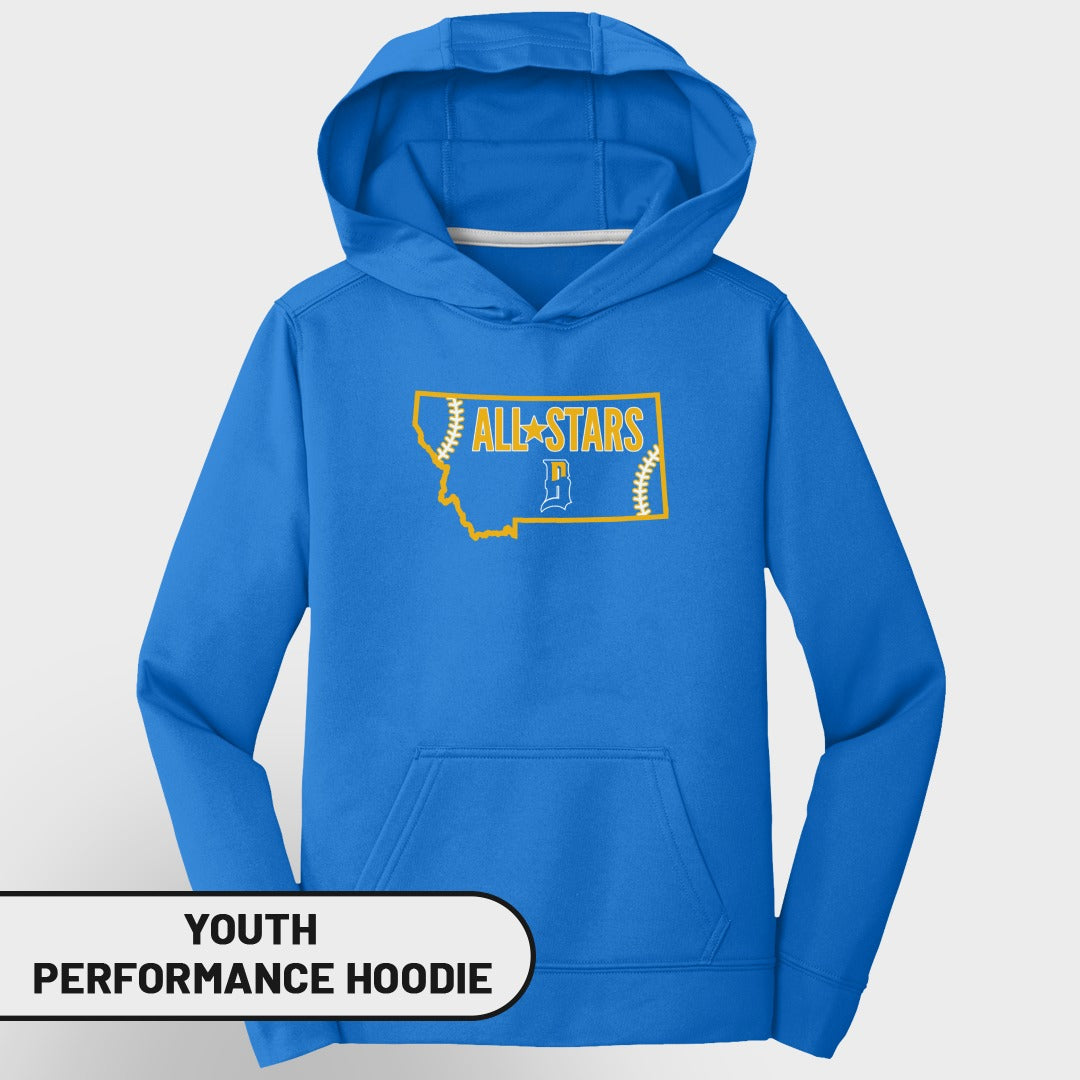 Blue youth performance hoodie with "Montana All Stars" logo on chest.