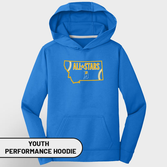 Blue youth performance hoodie with "Montana All Stars" logo on chest.