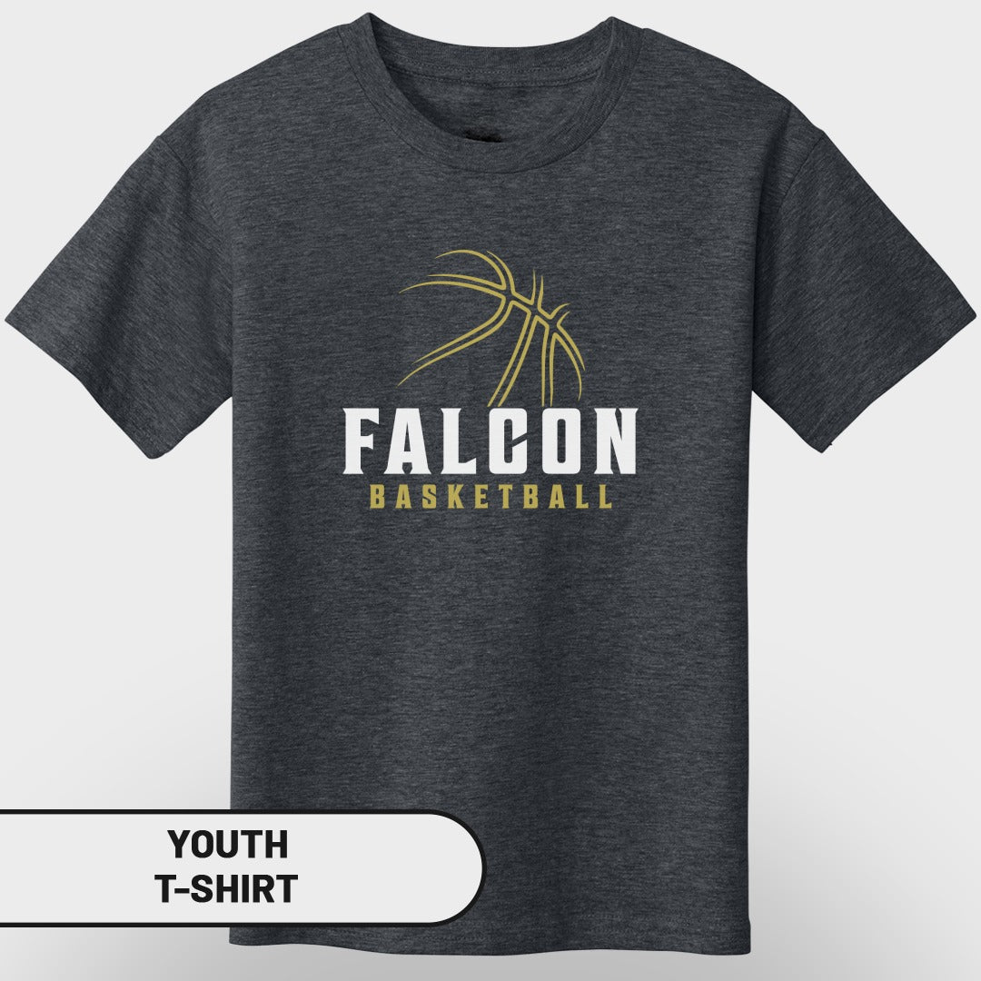 Youth t-shirt with a graphic of a basketball and "FALCON BASKETBALL" text.