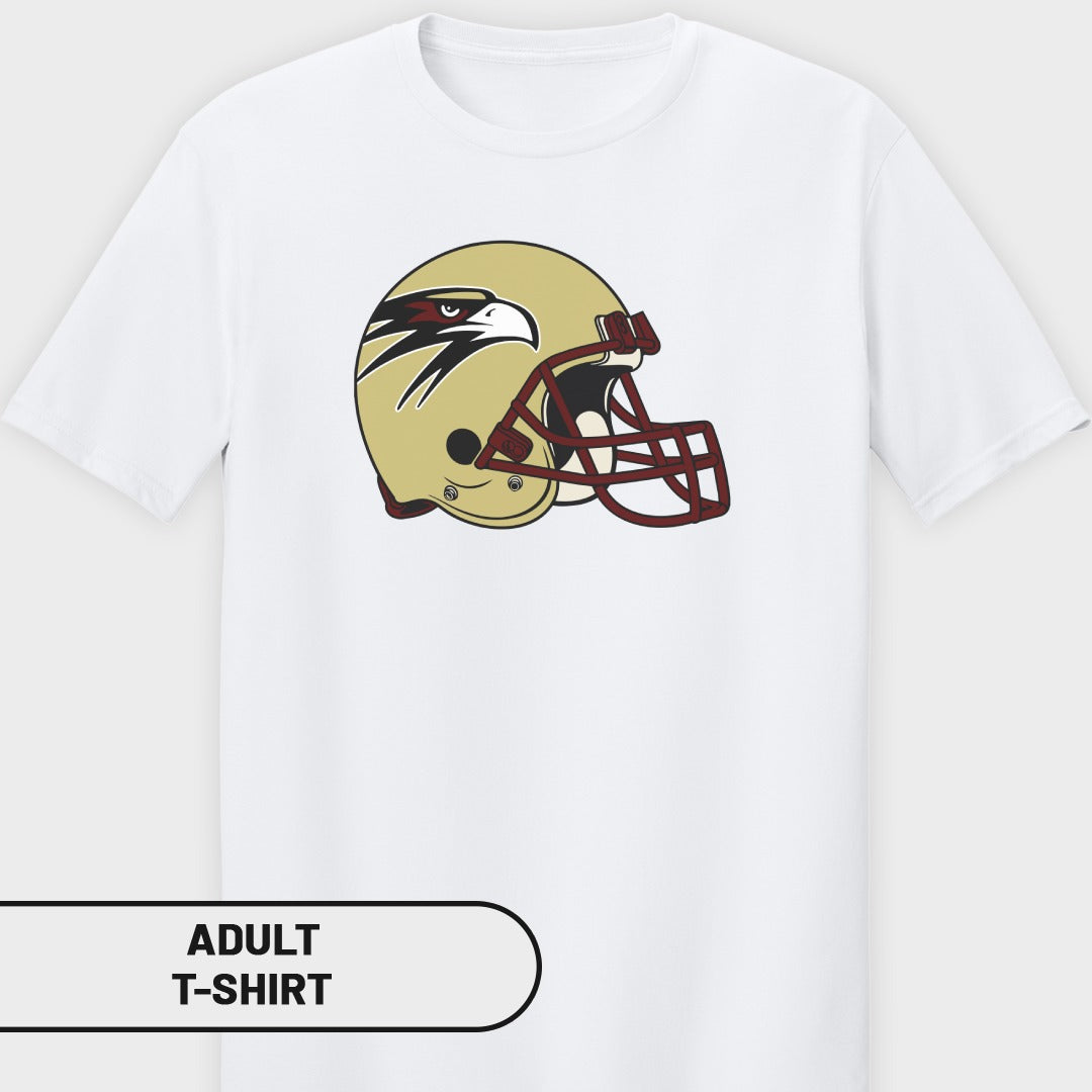 White adult t-shirt with a golden football helmet featuring an eagle graphic.