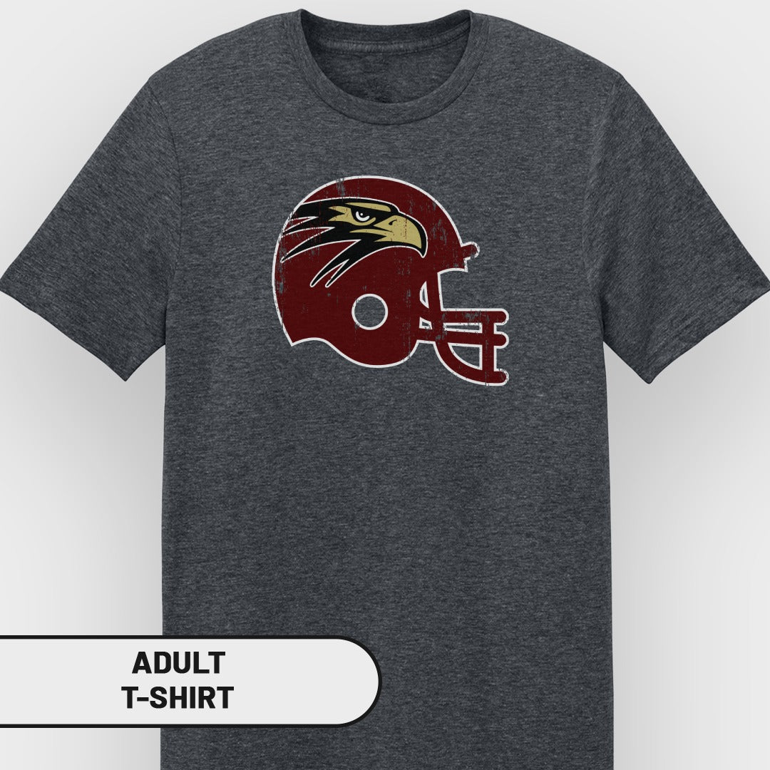 Dark gray t-shirt with a distressed maroon football helmet and eagle logo.