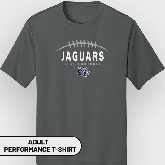 Adult dark gray performance t-shirt with Jaguars flag football logo.