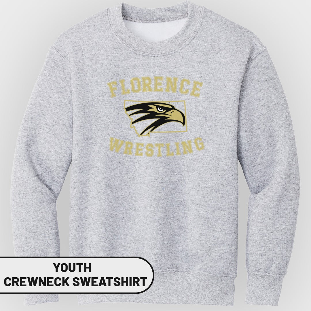 Youth grey crewneck sweatshirt with Florence Wrestling eagle logo and text.