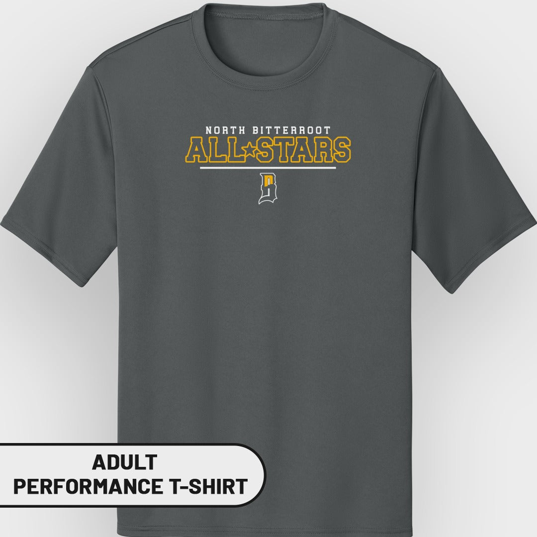 Adult performance t-shirt with "NORTH BITTERROOT ALL STARS" text.