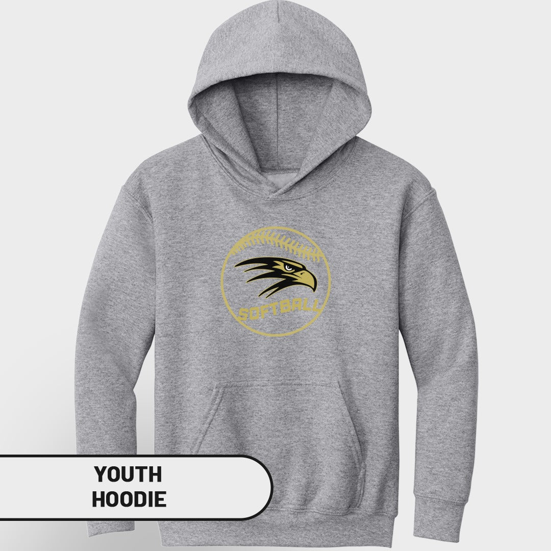 Grey youth hoodie with a golden softball logo featuring an eagle head and "SOFTBALL" text.