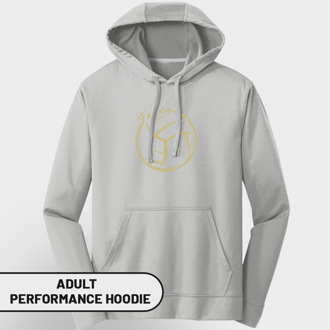 Light grey adult performance hoodie with gold volleyball graphic and "Facos" text.