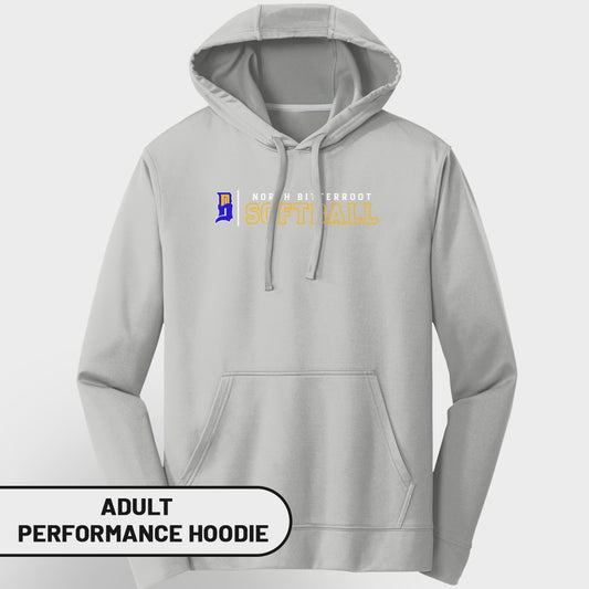 Light gray adult performance hoodie with "North Bitterroot Softball" logo.