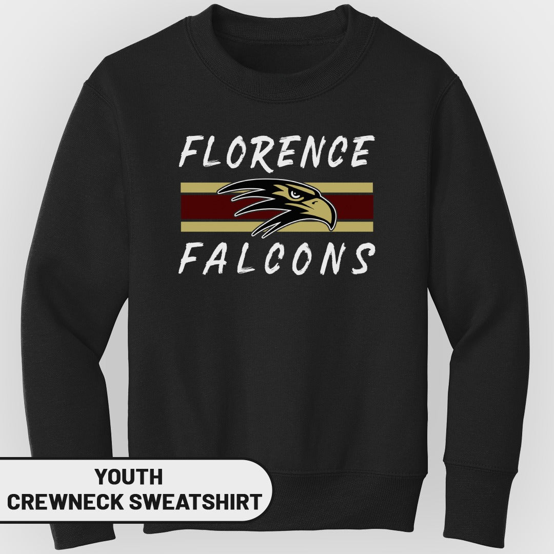 Youth black crewneck sweatshirt with "Florence Falcons" text and eagle logo.