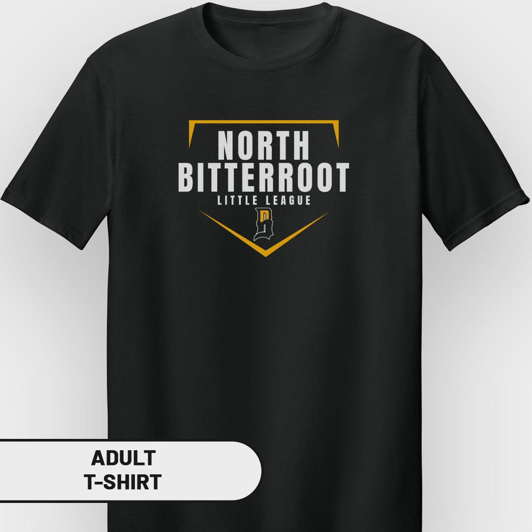 Black t-shirt with "North Bitterroot Little League" logo.