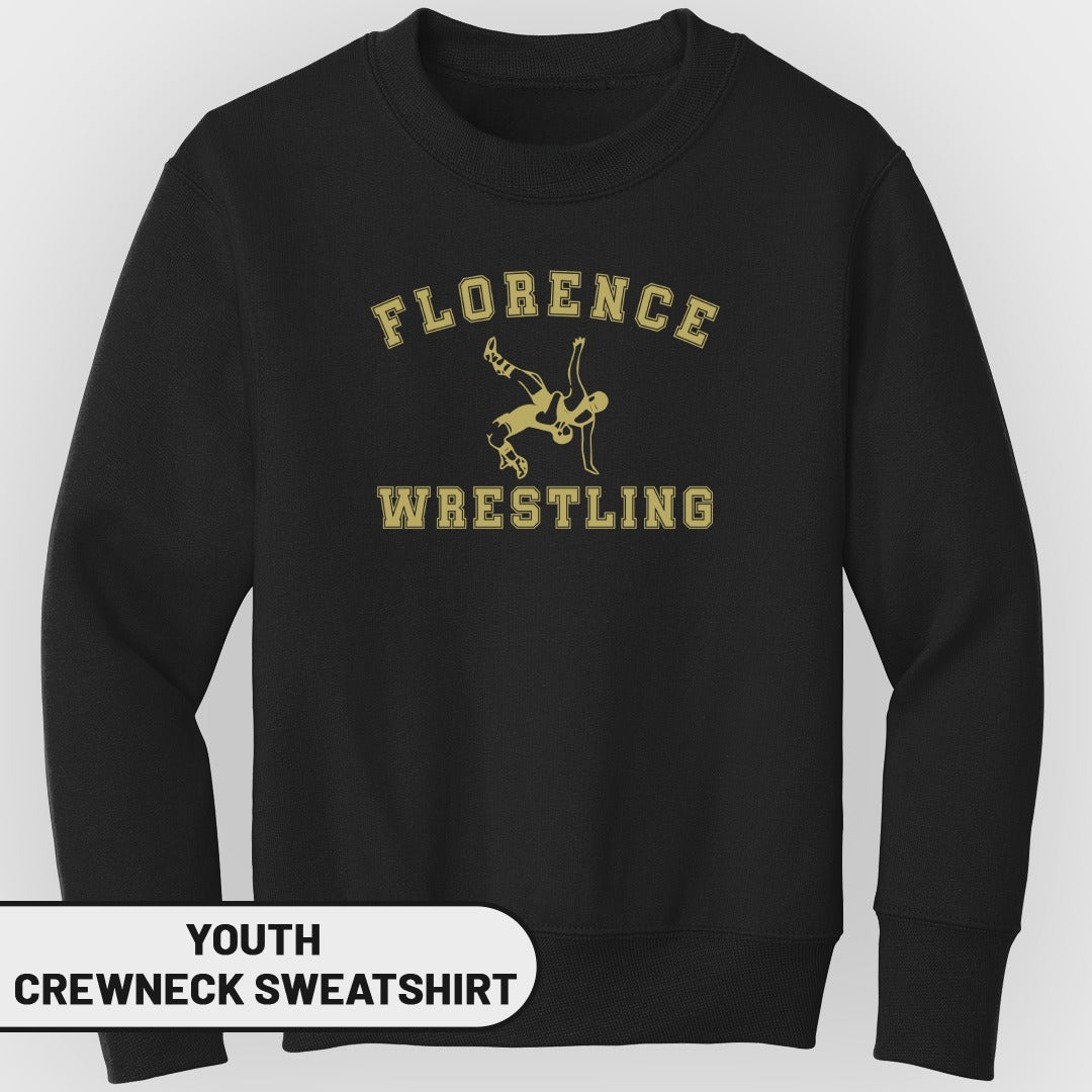 Black youth crewneck sweatshirt with gold Florence Wrestling graphic.