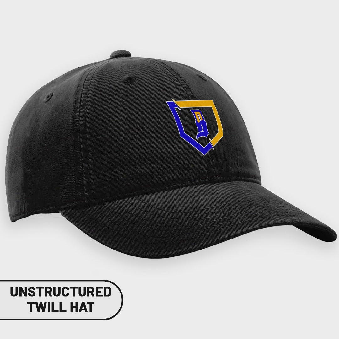 Black unstructured cotton twill hat with a blue and gold shield logo.