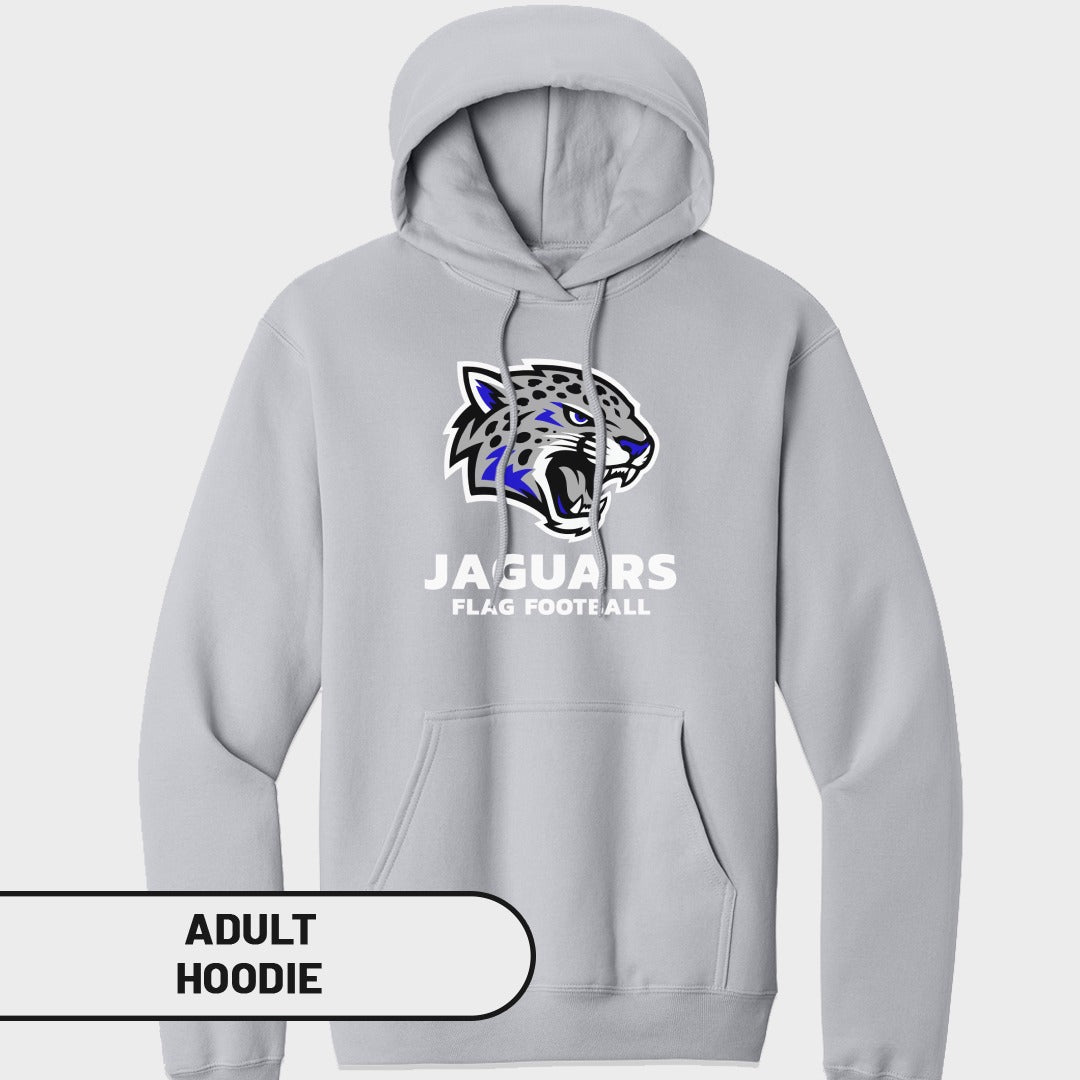 Light grey adult hoodie with Jaguars flag football logo and text.