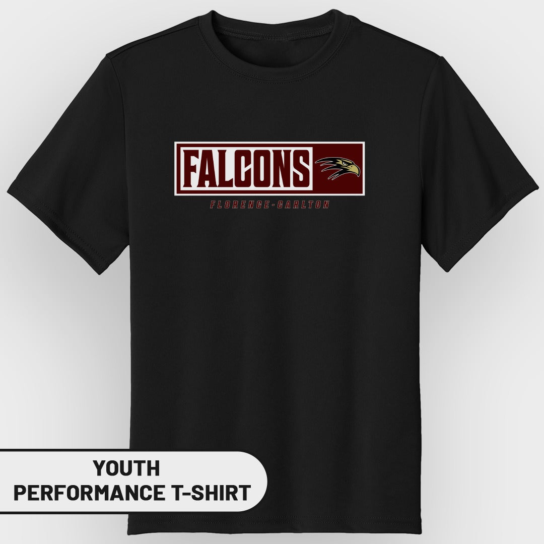 Black youth performance t-shirt with "FALCONS FLORENCE-CARLTON" logo and hawk graphic.