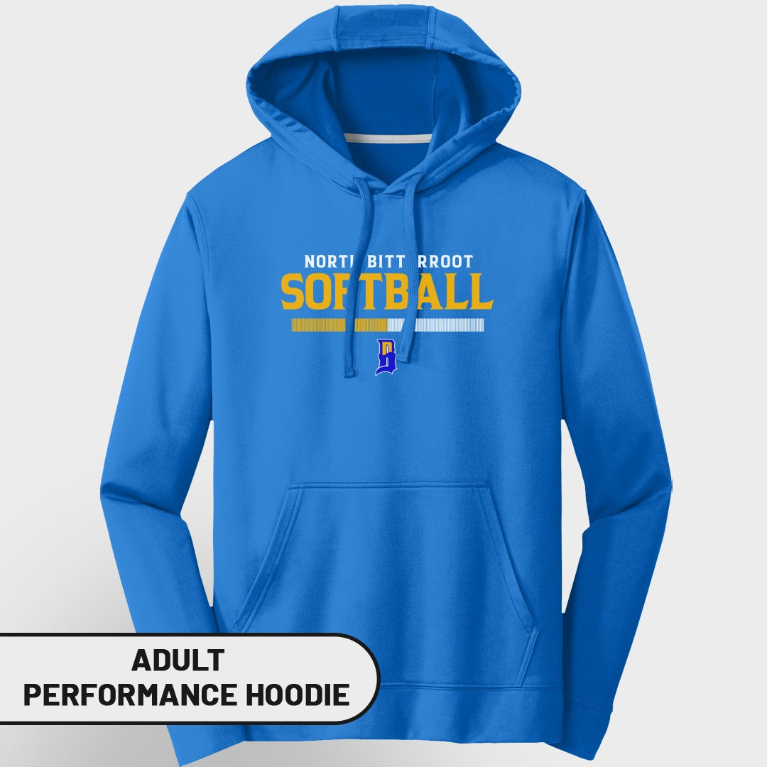 Blue performance hoodie with "NORTH BITT RRÖÖT SOFTBALL" text.