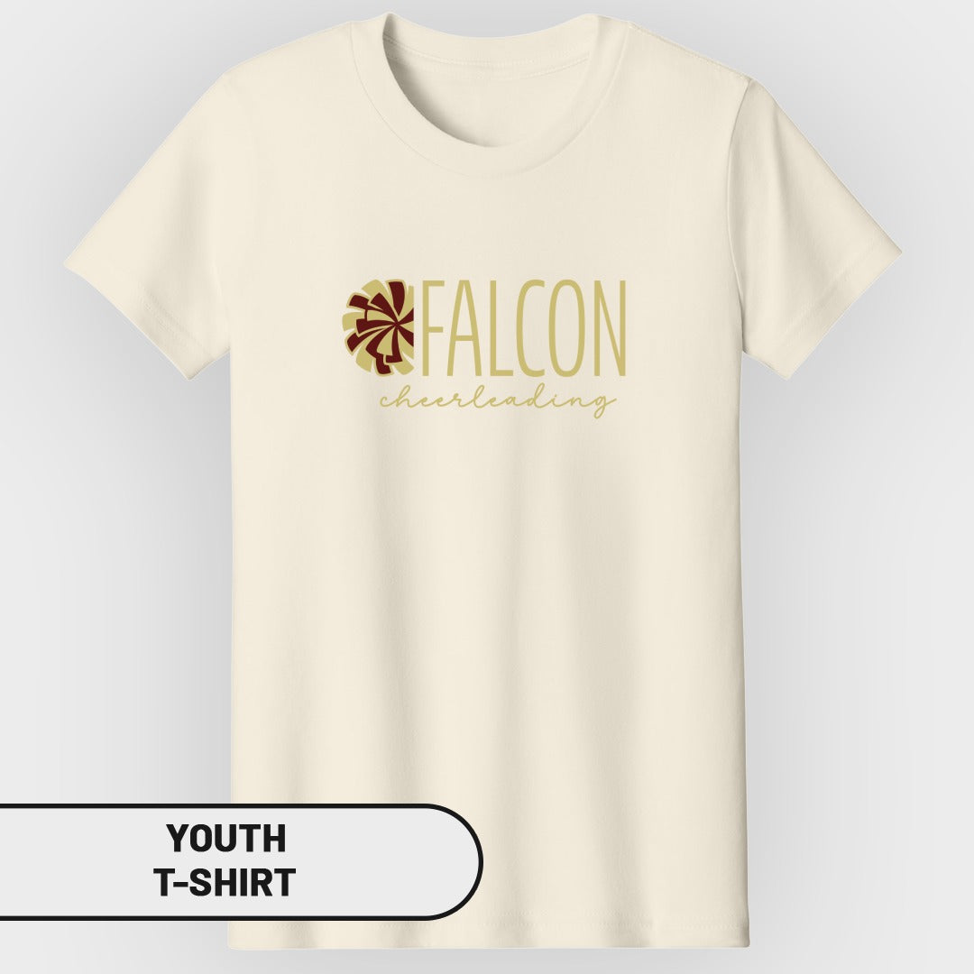 Cream youth t-shirt with "FALCON cheerleading" text and graphic.