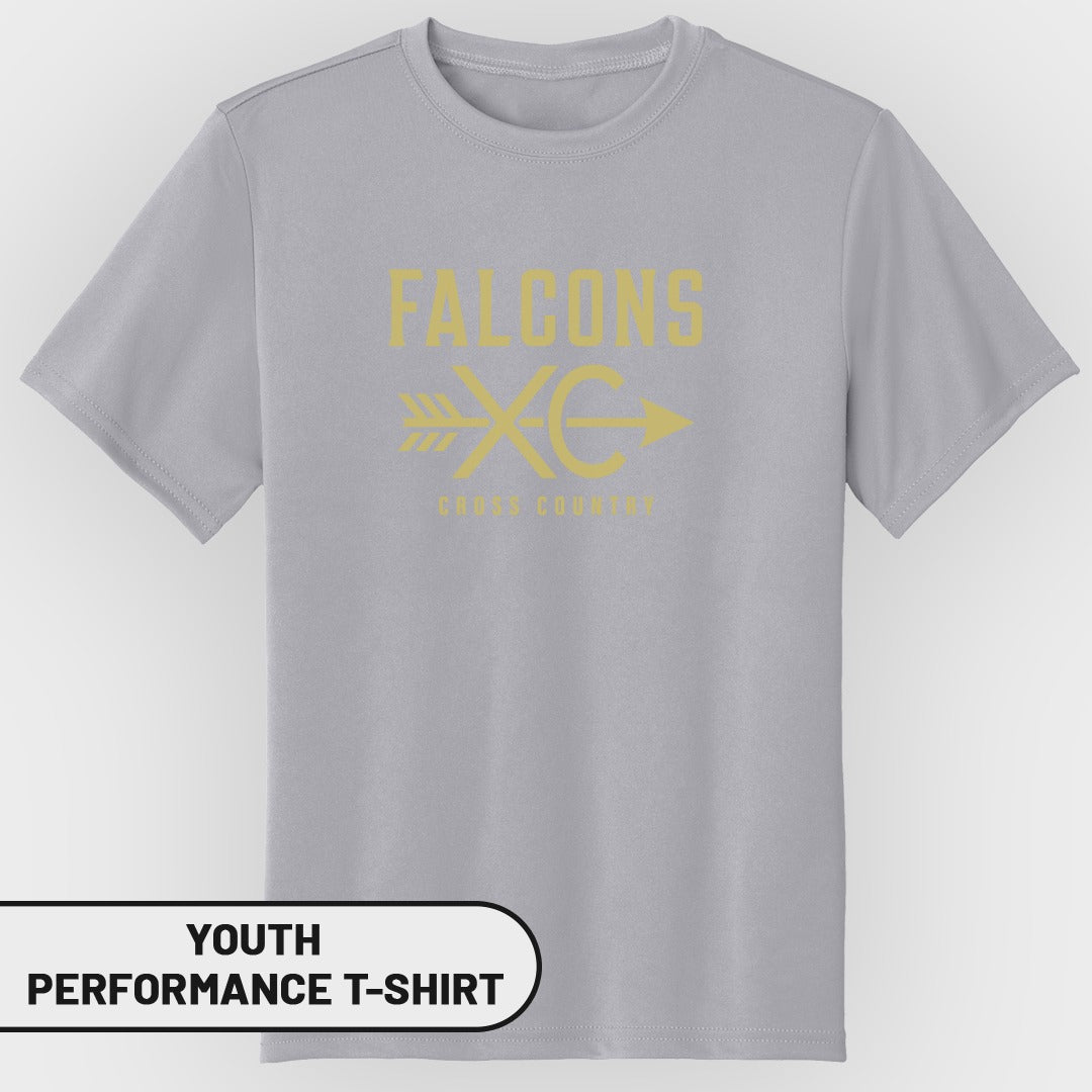 Youth grey short-sleeve t-shirt with gold "FALCONS XC CROSS COUNTRY" graphic.