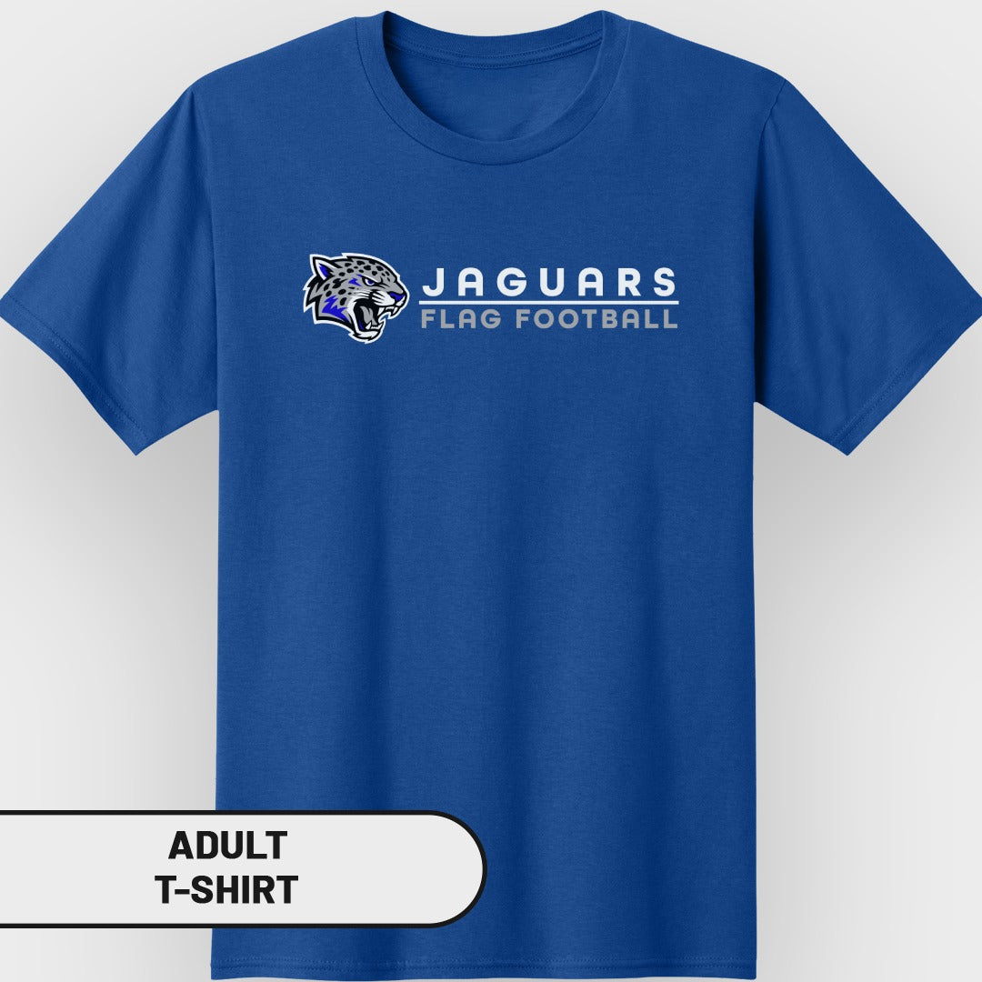 Royal blue adult t-shirt with Jaguars Flag Football logo and text.