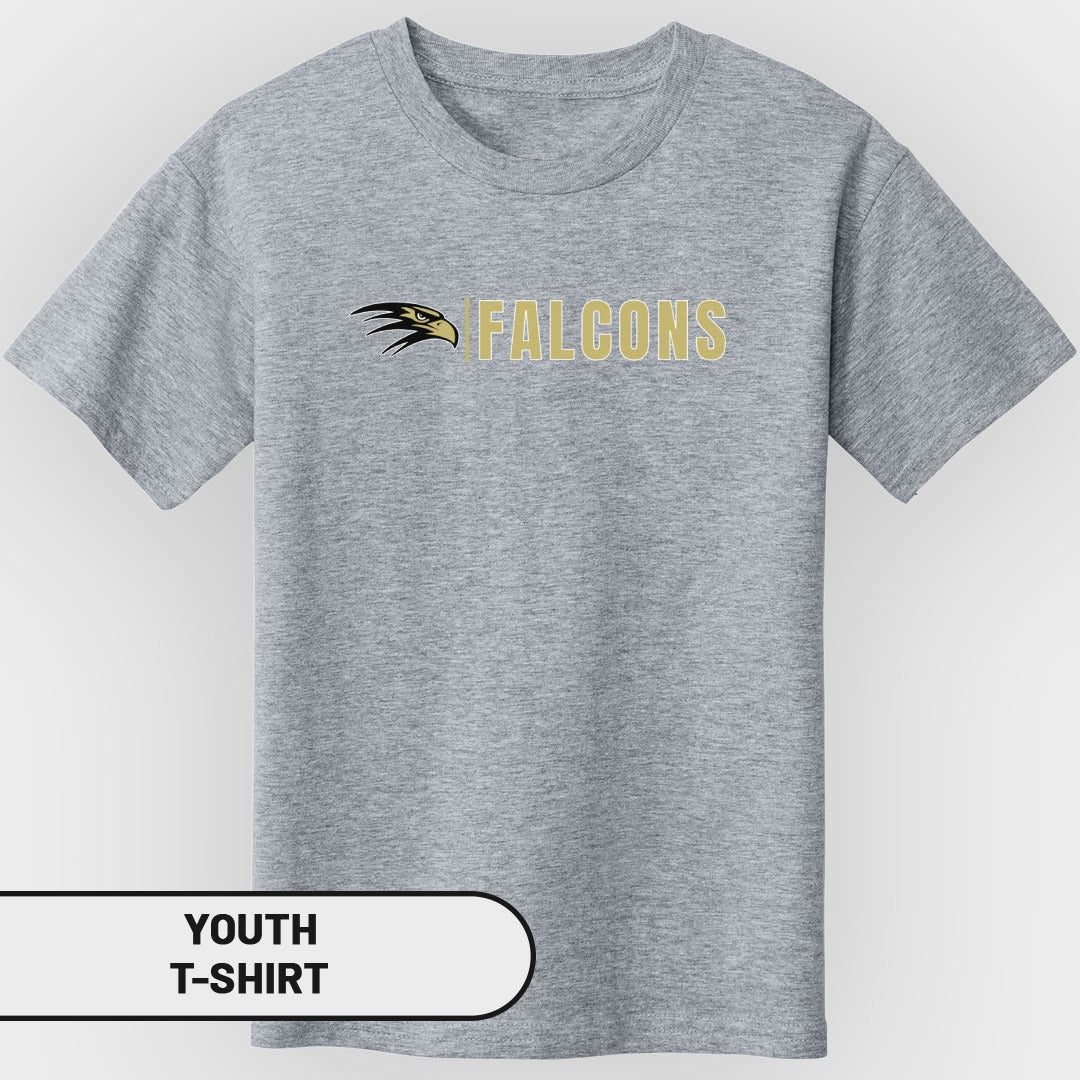 Grey youth t-shirt with "FALCONS" logo and eagle graphic.