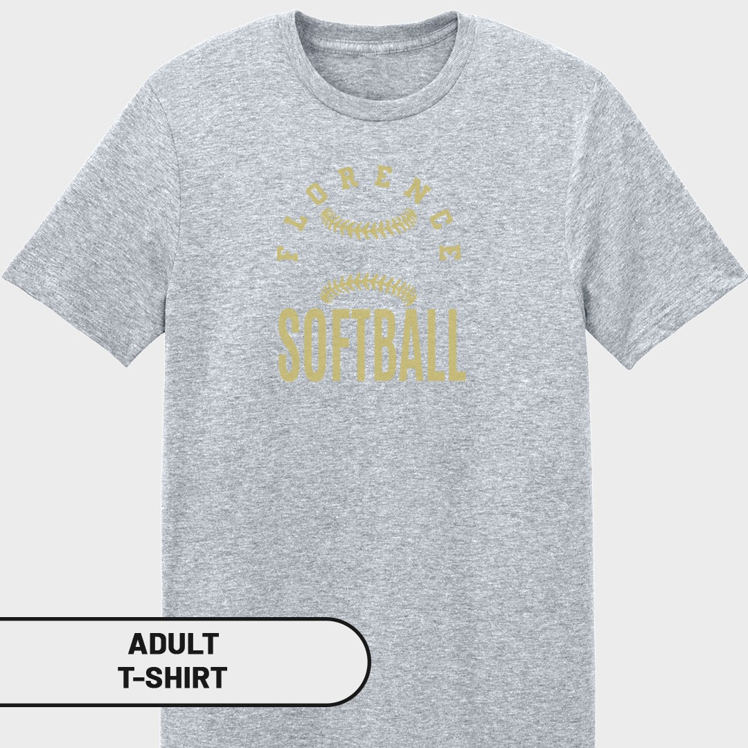 Grey adult t-shirt with "Florence Softball" and a baseball graphic.