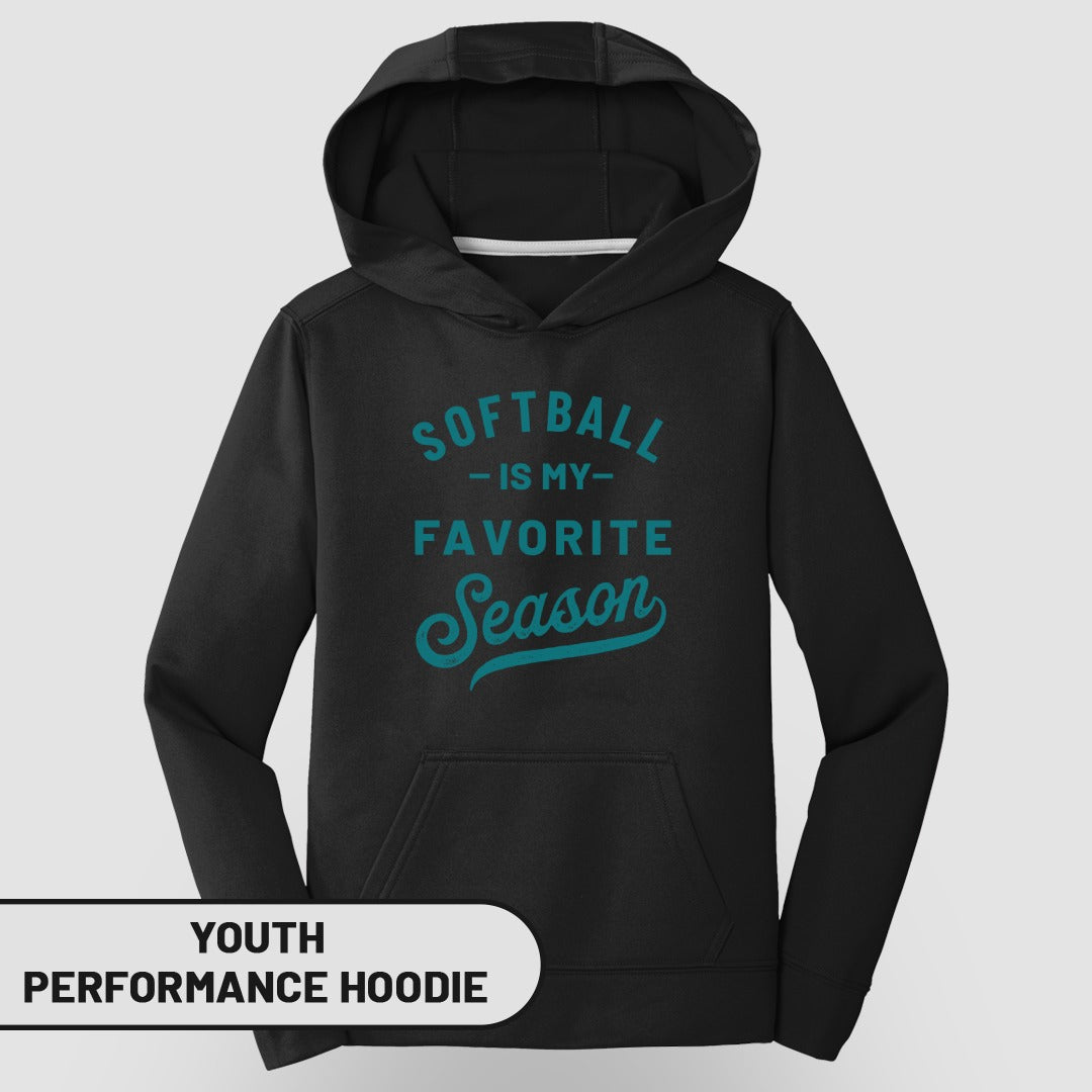 Youth performance hoodie with "Softball is my favorite season" graphic.