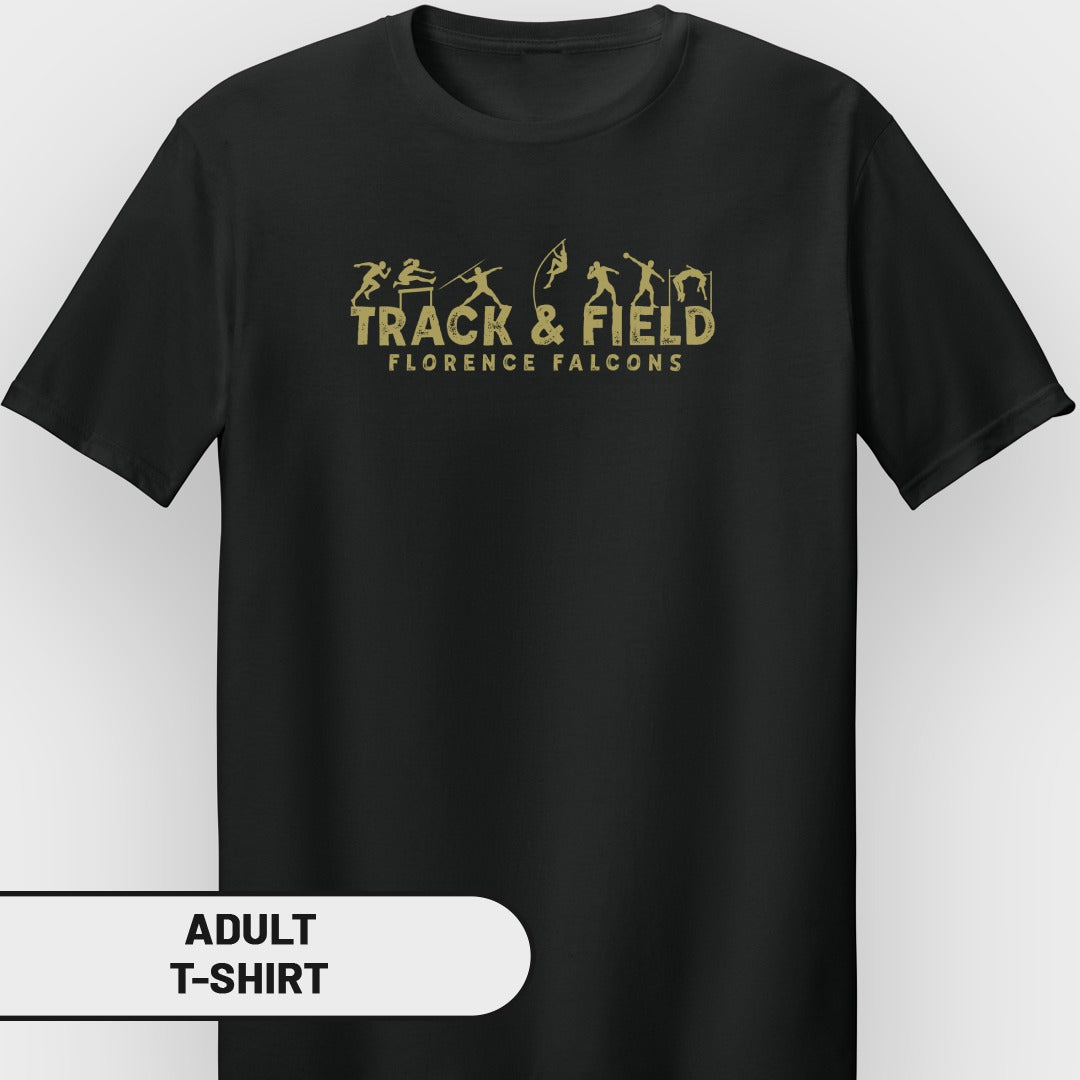 Black t-shirt with gold "TRACK & FIELD FLORENCE FALCONS" text and track and field athlete silhouettes.