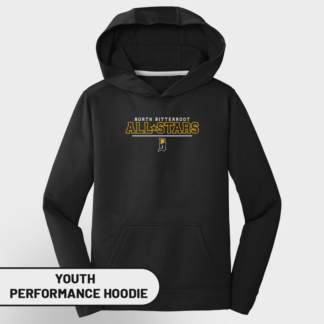 Youth North Bitterroot All-Stars black performance hoodie.