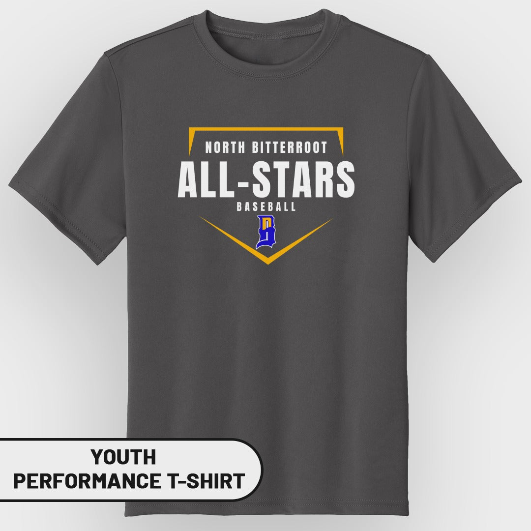 Dark gray youth performance t-shirt with "North Bitterroot All-Stars Baseball" logo.