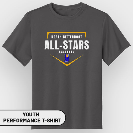 Dark gray youth performance t-shirt with "North Bitterroot All-Stars Baseball" logo.