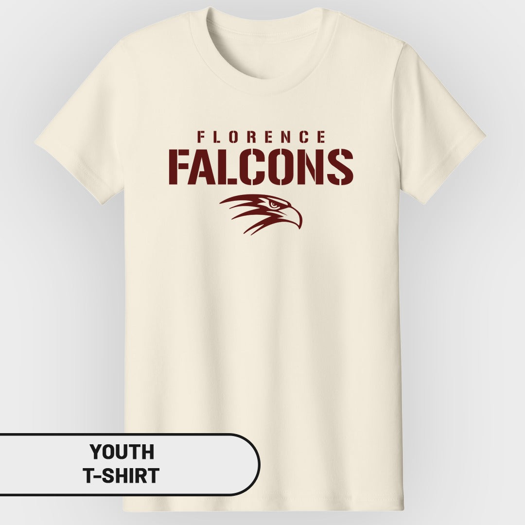 Cream youth t-shirt with "Florence Falcons" and eagle logo.