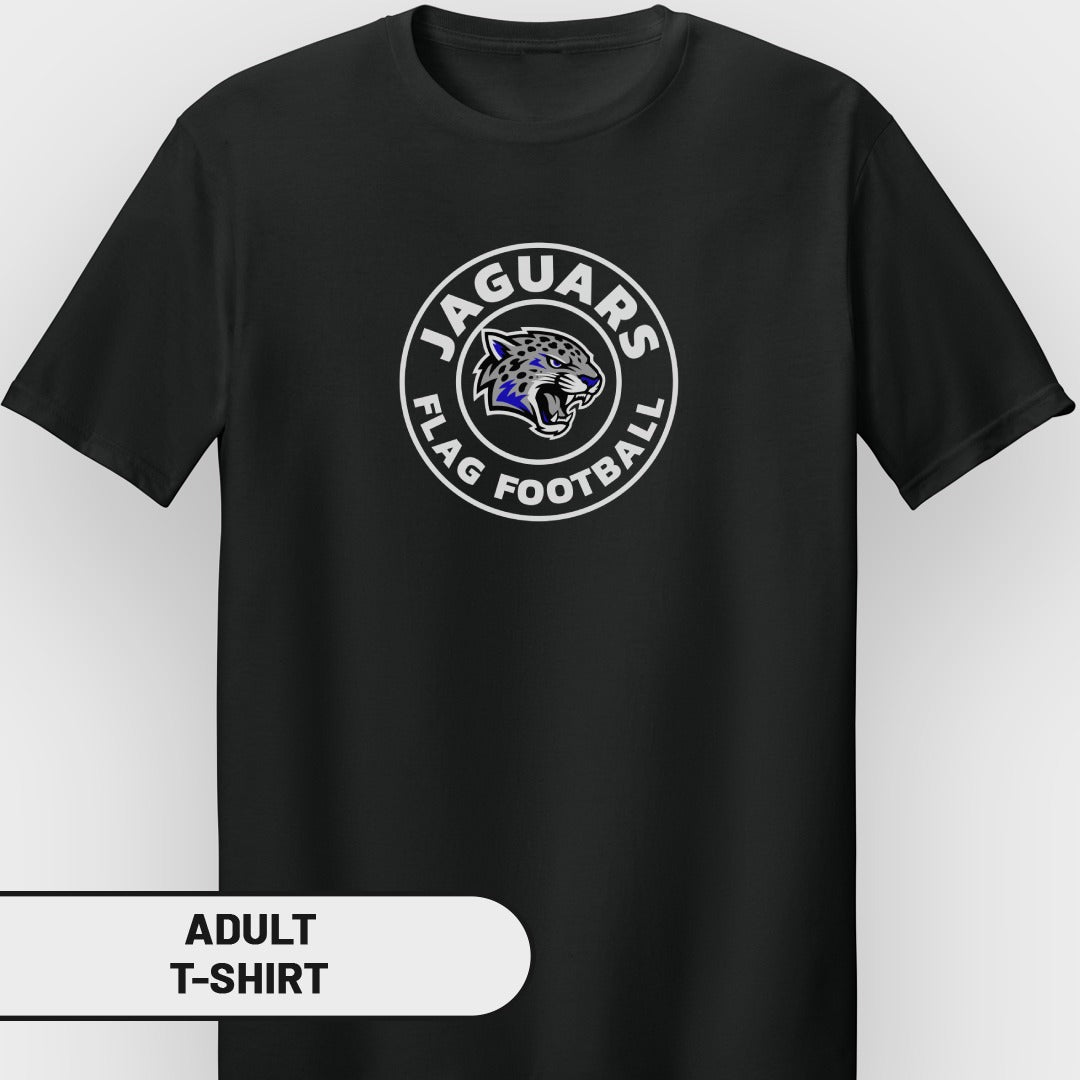 Black adult t-shirt with Jaguars flag football logo featuring a jaguar head.