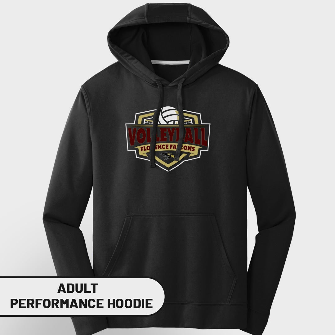 Black adult performance hoodie with Florence Falcons volleyball logo.