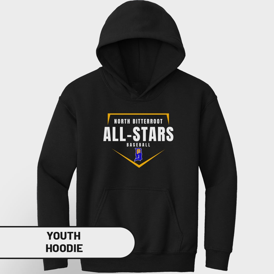 Black youth hoodie with "North Bitterroot All-Stars Baseball" logo.
