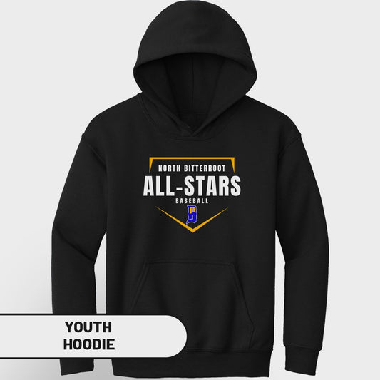 Black youth hoodie with "North Bitterroot All-Stars Baseball" logo.