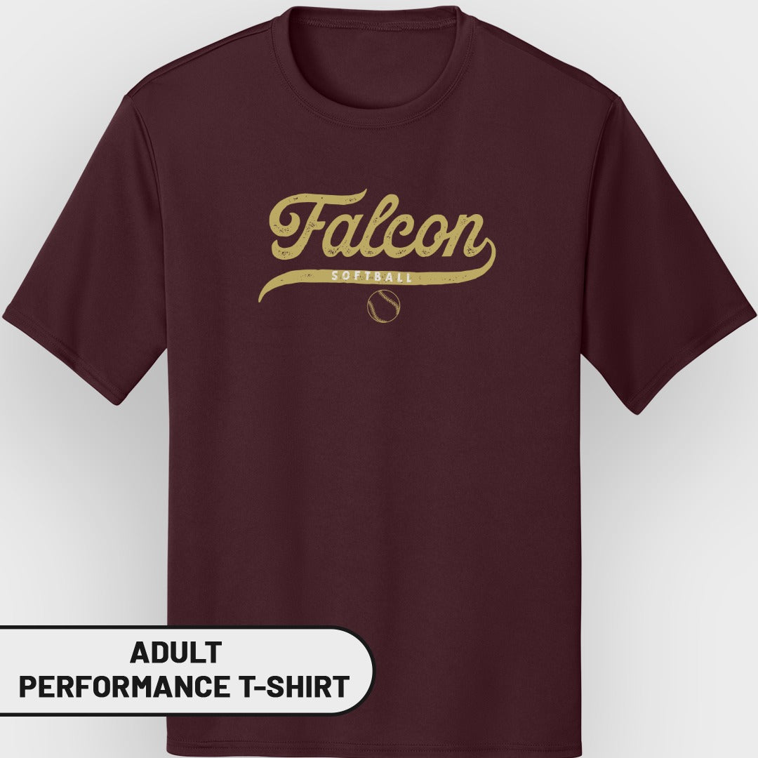 Maroon adult performance t-shirt with gold "Falcon Softball" graphic and baseball.