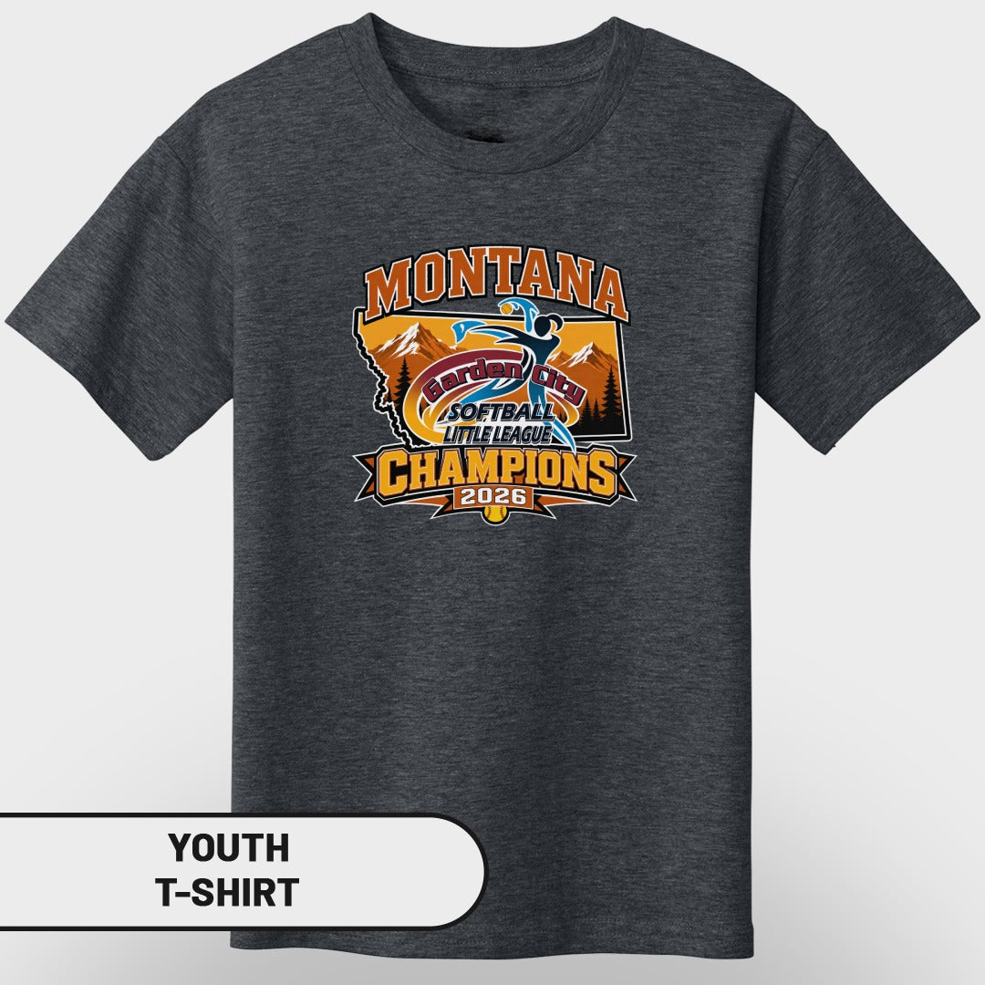 Montana Garden City Softball Little League Champions 2026 graphic t-shirt on dark grey.
