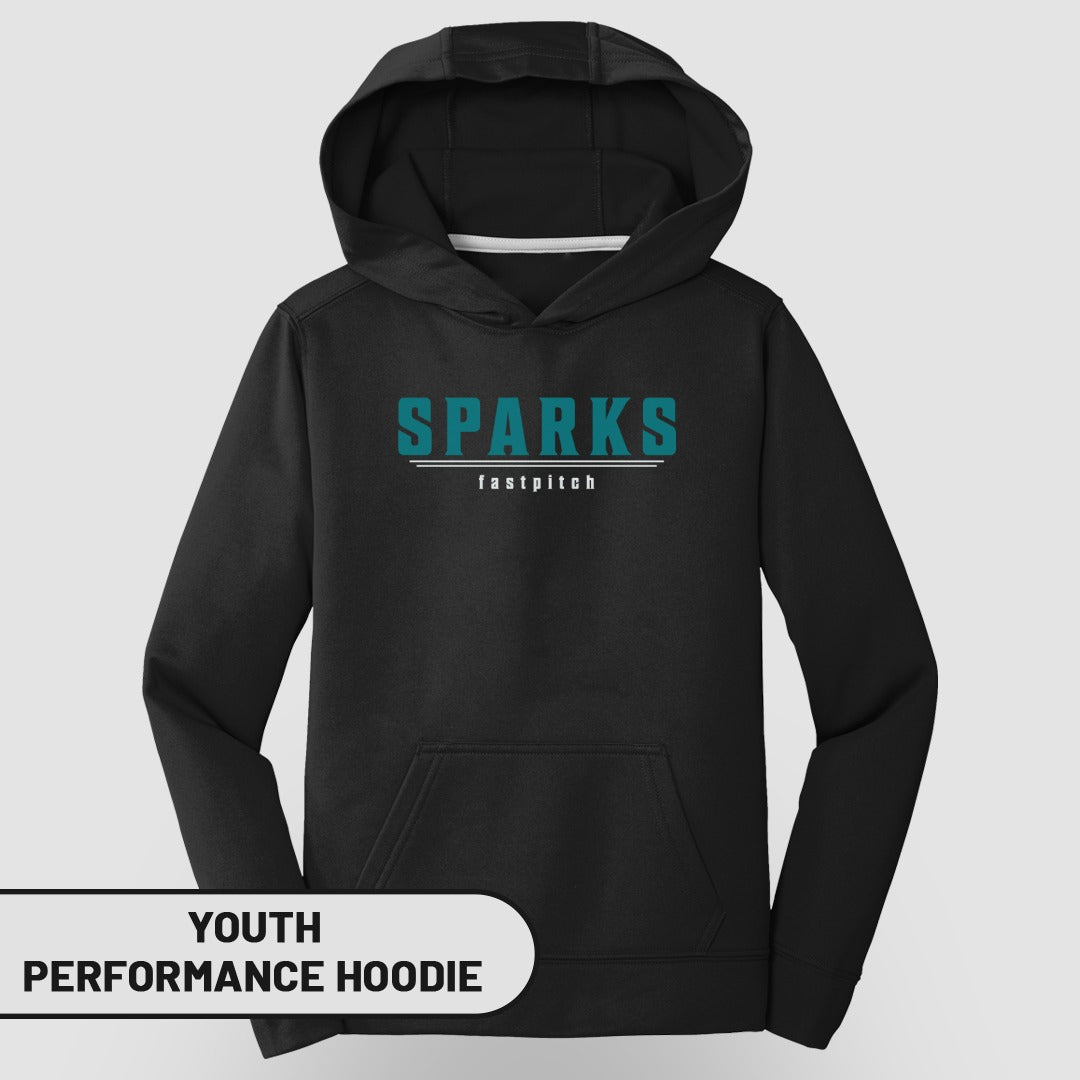 Black youth performance hoodie with "SPARKS" and "fastpitch" text.