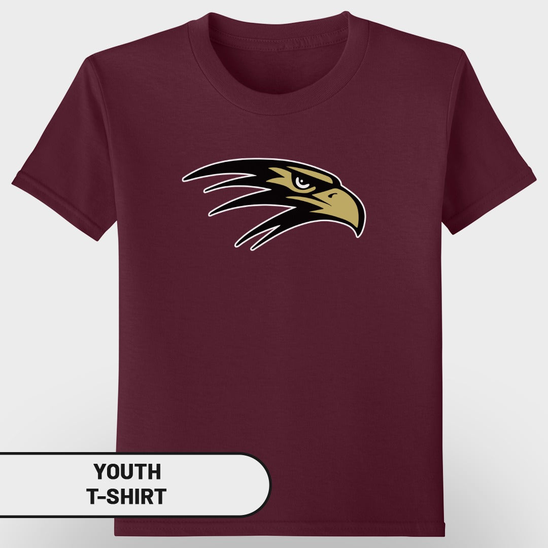Maroon youth t-shirt with a black and gold eagle head logo and "YOUTH T-SHIRT" text.