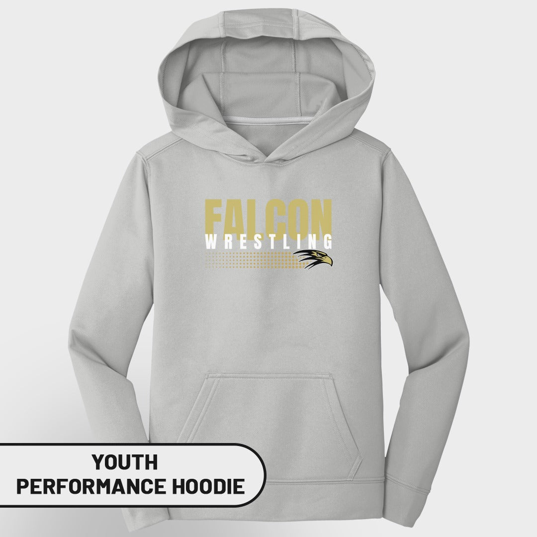 Light grey youth performance hoodie with "Falcon Wrestling" text and eagle logo.