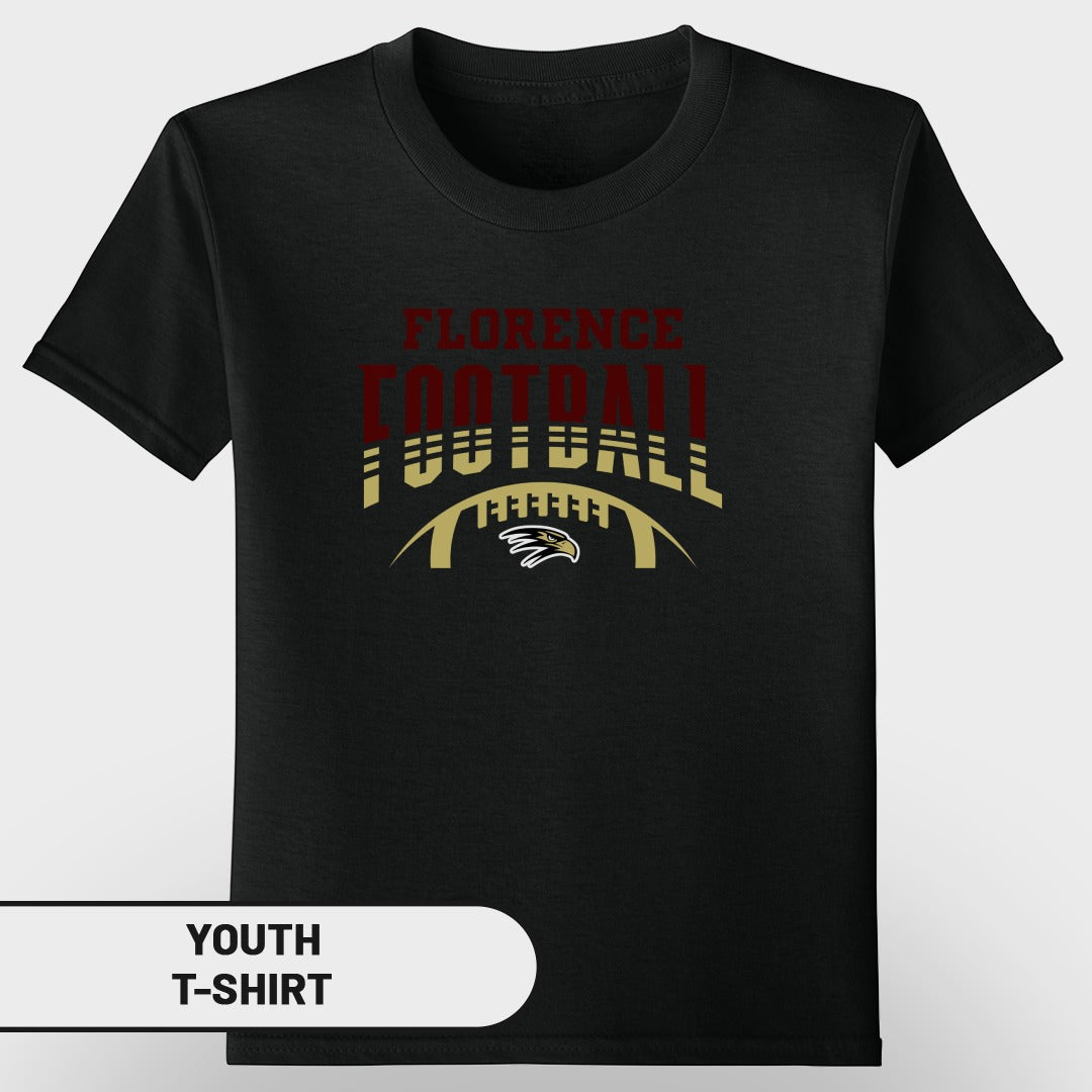 Black youth t-shirt with "Florence Football" text and football graphic.