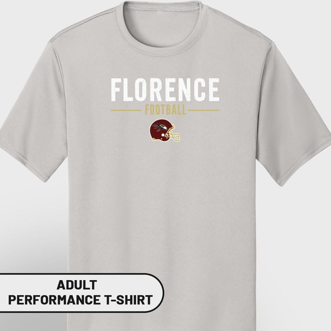 Light gray adult performance t-shirt with Florence Football text and helmet graphic.