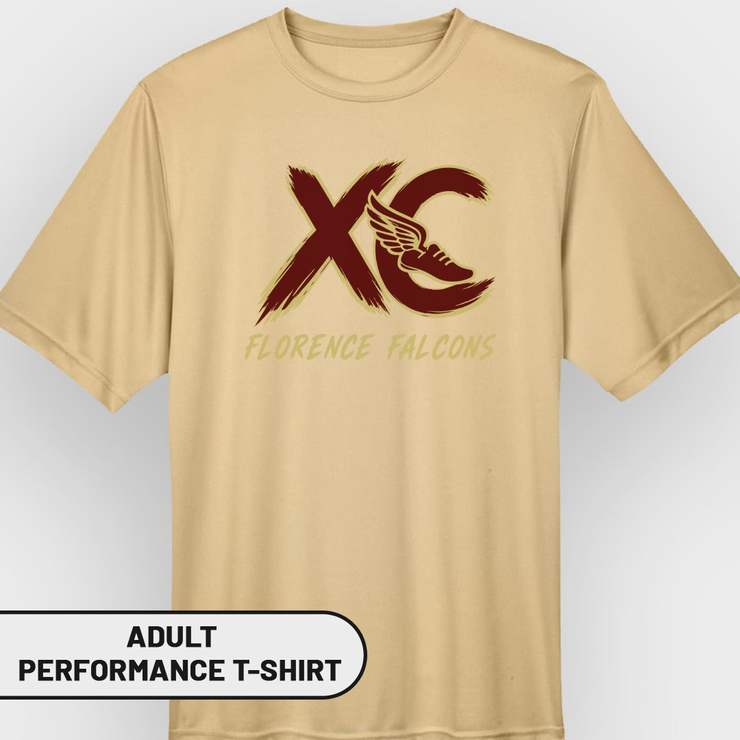 Tan adult performance t-shirt with "XC" logo and "Florence Falcons" text.